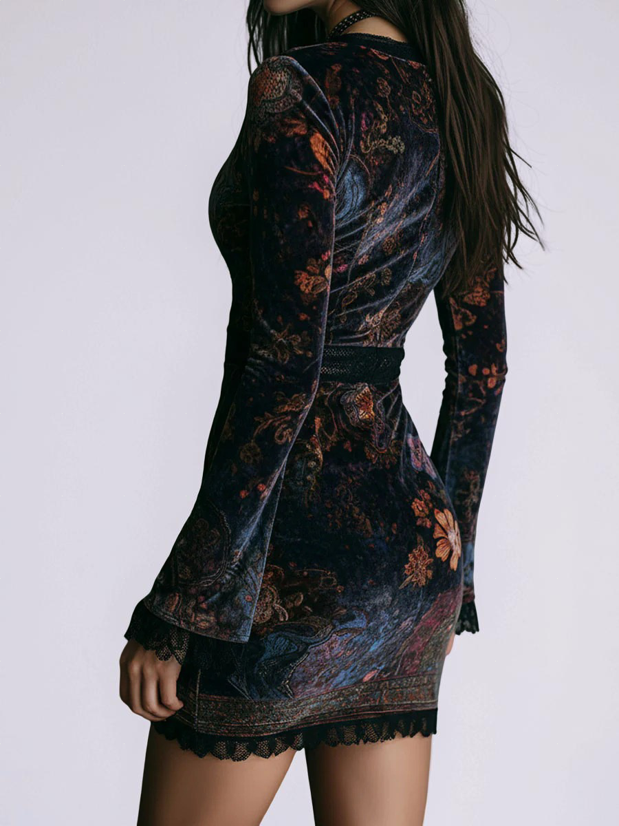 Virágmintás V-nyakú Velúr Csipke Trim Slim-fit mini-ruha